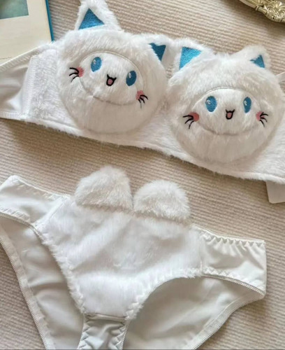 ست لباس زیر زنانه و دخترانه شورت و سوتین فنردار پشمالو گربه ای گوش دار